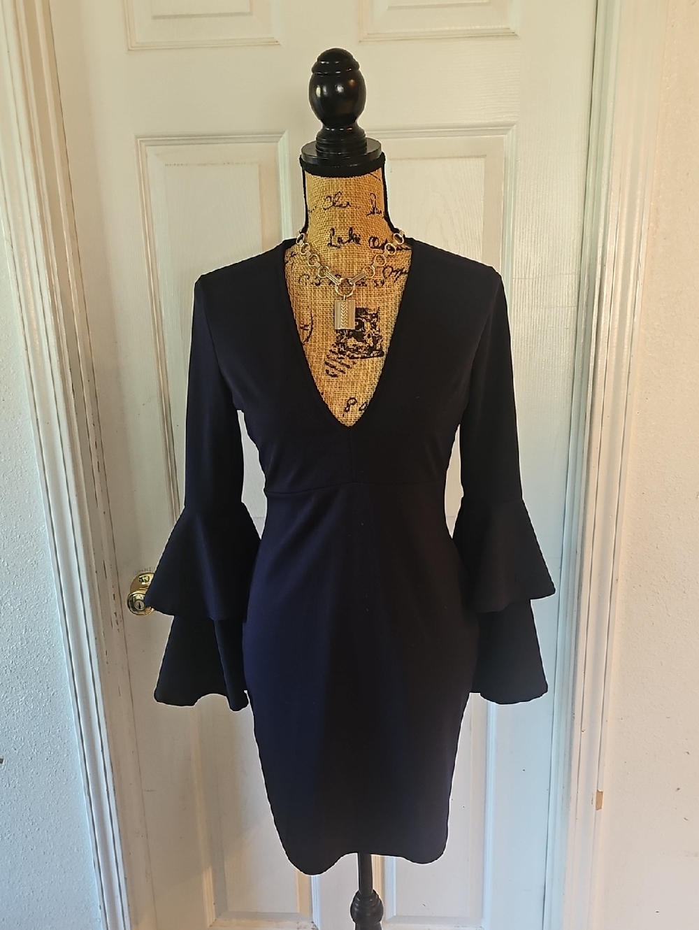 Windsor Navy V-Neck Long Sleeve Tiered Flounce Dress